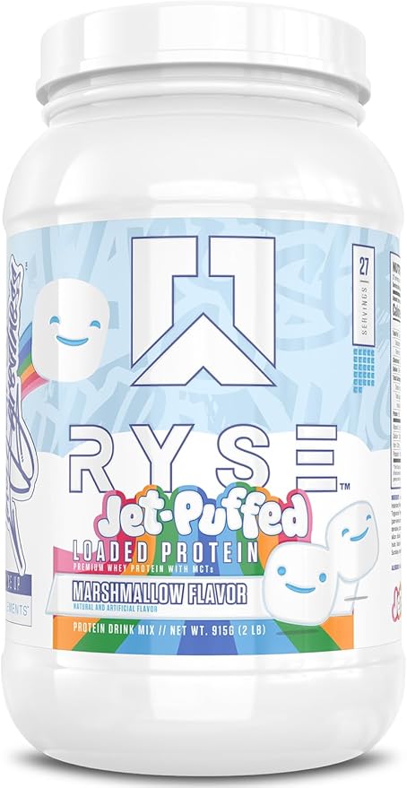 Ryse Loaded Protein Powder - Jet-Puffed Marshmallow - 25g Whey Protein Isolate & Concentrate with Prebiotic Fiber & MCTs - Low Carb, Low Sugar, Digestive-Friendly - 27 Servings / 2 lb Tub