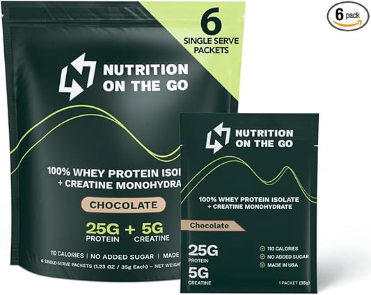 Chocolate Whey Protein Powder with Creatine – 25g Protein, 5g Creatine – Single-Serve Packets for Travel, Gym, and On The Go – Easy Mix, Gluten-Free (6-Pack)
