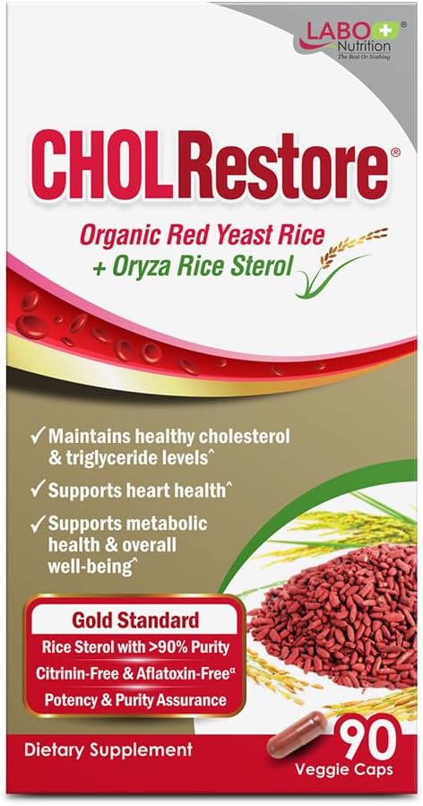LABO Nutrition CHOLRestore – Red Yeast Rice with Phytosterol Health Supplement, Supports Healthy Cholesterol Levels, Citrinin, Aflatoxin & Soy Free, 90 Vegetarian Capsules