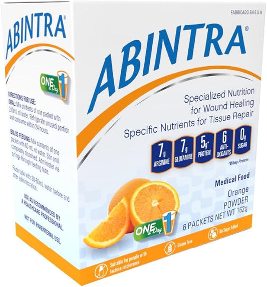 ABINTRA Specialized Wound Healing Nutritional Supplement includes L-Arginine, L-Glutamine, Whey Protein, Vitamins and Minerals, Orange Flavor, 6 Packets, 27g Each, Made in The USA