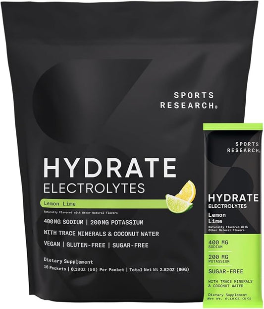 Sports Research® Hydrate Electrolytes Powder Packets - Sugar-Free & Naturally Flavored with Vitamins, Minerals, and Coconut Water - Supports Hydration - 16 Packets - Lemon Lime