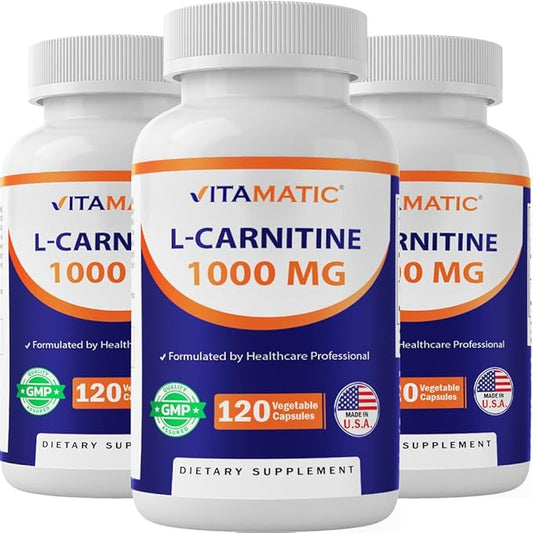 Vitamatic L-Carnitine Fumarate 1000 mg - 120 Vegetable Capsules (3 Bottles)