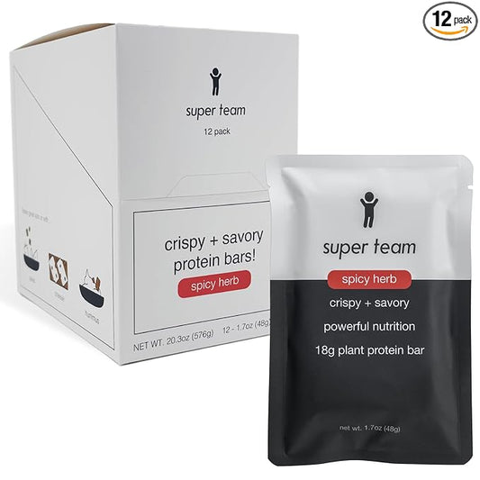 Super Team Savory + Crispy Protein Bars - Spicy Herb - 12-Count Snack Bars - High Protein (18g), High Fiber (7g), Low Sugar (1g) - Gluten Free, Nut Free, Soy Free, Vegan Plant Based Meal Replacement
