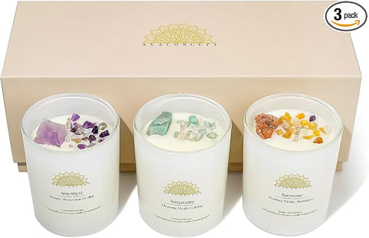 Soy Candles with Healing Crystals.Amethyst,Amazonite,Sunstone Crystal. Lavender & Jasmine, Costal Breeze, Jungle Attachment. Positivity Energy Gift for Women, 3PC Candle Set 3.5 oz Each