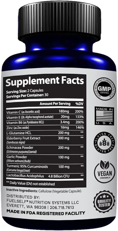 Immune Support Booster Supplement with Elderberry, Vitamin C, Echinacea, Turmeric Curcuminoids, Vitamin E, Vitamin B6, Zinc, L-Glutamine HCL, Garlic, Lactobacillus Acidophilus :: 60 Count, 1 Pack