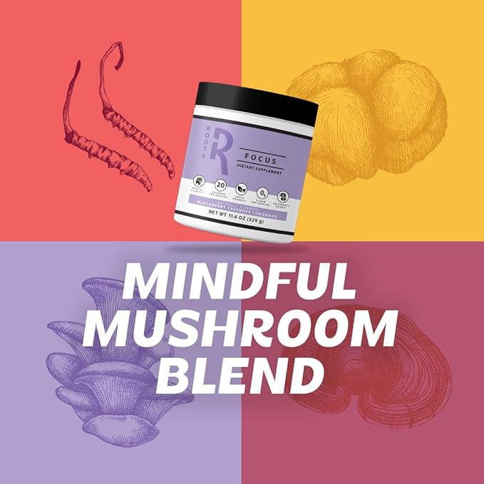 Roots Focus Nootropic Brain Supplement - BlackBerry Lavender Lemonade, Blend of Lion's Mane, Cordyceps, & Reishi Functional Mushrooms + Extended-Release Caffeine, 50 Servings