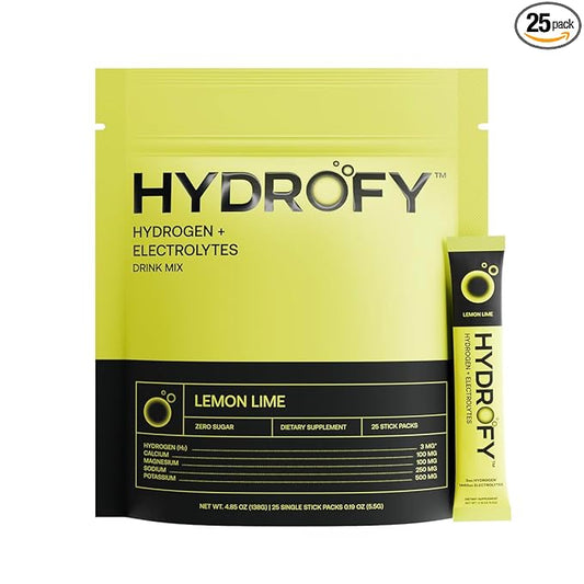 Hydrofy Hydrogen Water + Electrolytes Drink Mix | Superior Hydration Packets with Molecular Hydrogen (H2), Sodium, Potassium, Magnesium, Calcium, and Minerals | No Sugar | Lemon Lime | 25 ct