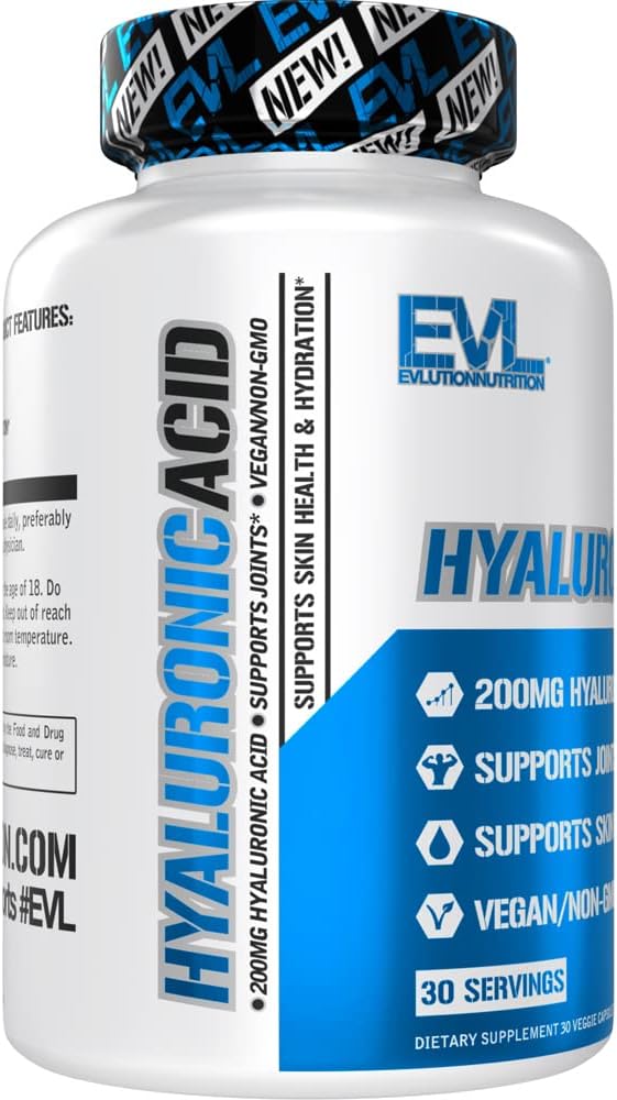Evlution Vegan Dietary Hyaluronic Acid Supplement Nutrition 200mg Hyaluronic Acid Capsules Dry Skin Supplement for Women and Men for Itchy or Damaged Skin - High Potency Bioavailable Non GMO Formula