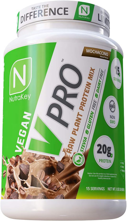 NutraKey V-Pro, Raw Plant Protein Powder, Organic, Vegan, Low Carb, Gluten Free with with 20g of Protein (Mocha) 2-Pound