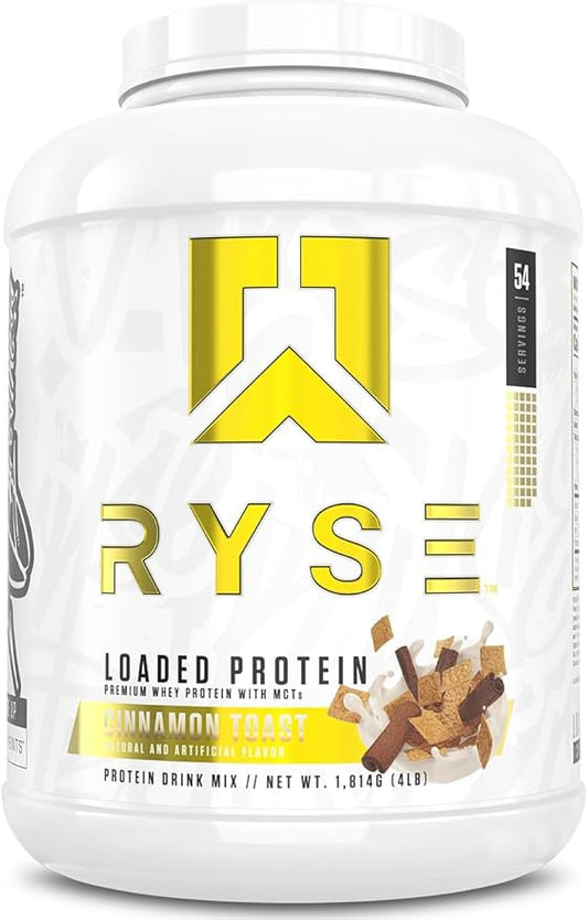 Ryse Loaded Protein Powder - Cinnamon Toast - 25g Whey Protein Isolate & Concentrate with Prebiotic Fiber & MCTs - Low Carb, Low Sugar, Digestive-Friendly - 54 Servings / 4 lb Tub