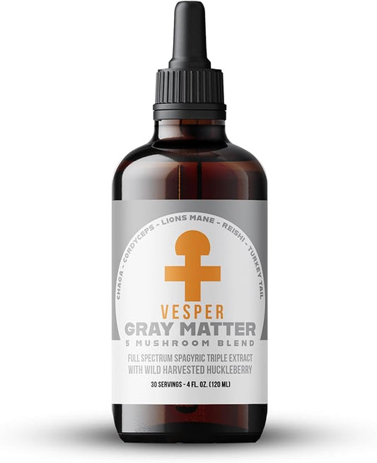 Vesper Gray Matter Mushroom Liquid Extract - 5 Mushroom Blend with Wild Huckleberries for Cognition, Energy, Aging Support, Rest & Prebiotics, USA-Grown, for Full-Spectrum Wellness – 4oz
