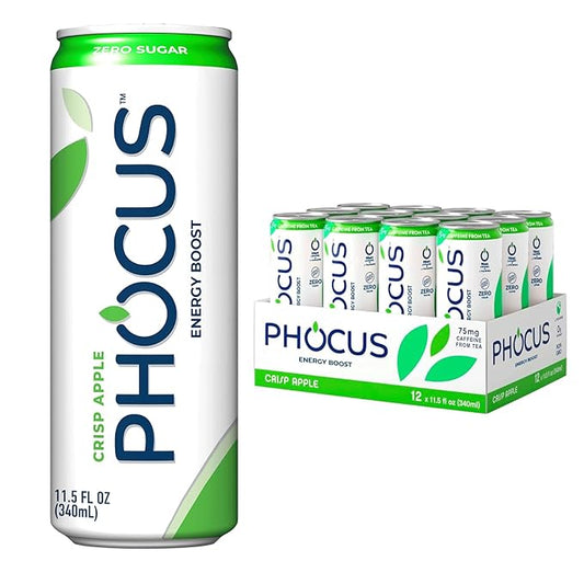 PHOCUS Energy Drink, Crisp Apple Sparkling Water, 75mg Natural Caffeine Plus L-Theanine, Zero Sugar, Zero Calories, No Artificial Sweeteners, 11.5 fl oz Cans (Pack of 12)