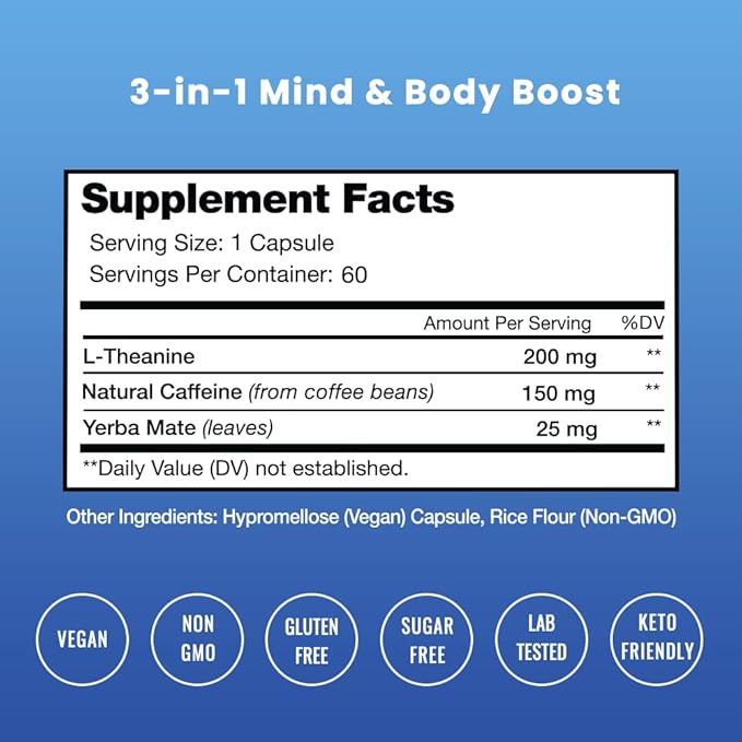 Caffeine Pills with L-Theanine for Focused Energy, Smooth & Clean Energy Supplement for Focus & Performance, No Crash, No Jitters, 60 Vegan Energy Pills