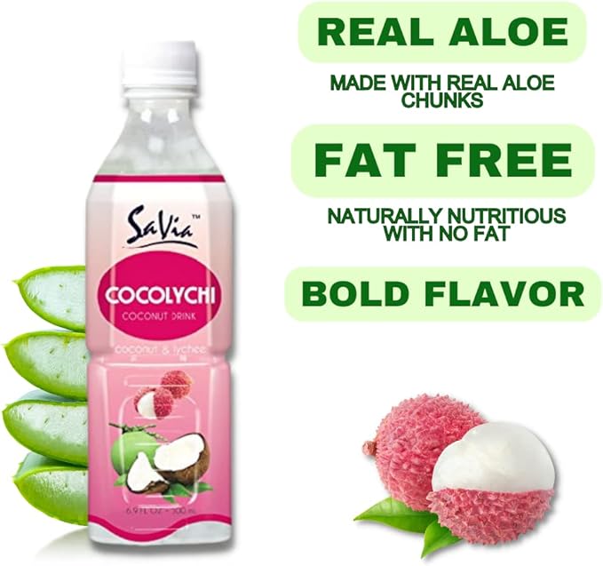 "Savia - Coconut Lychee Aloe Vera Drink, Quality Aloe-Based Beverage, Made with Real Aloe Pulp & Natural, Delicious & Refreshing, Vegetarian, Gluten-Free, Fat-Free (16.9oz, 12-Pack)"