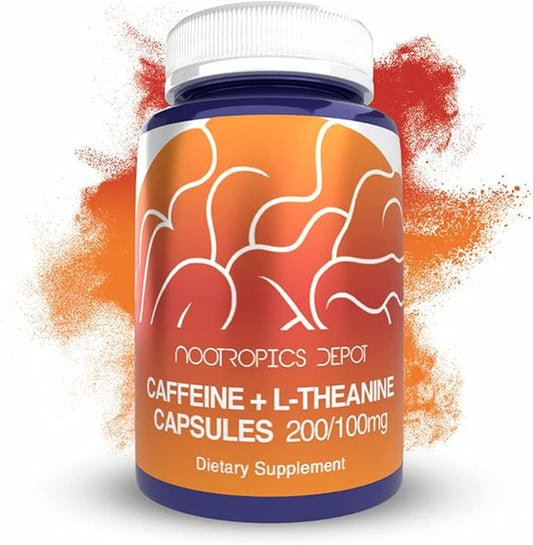 Nootropics Depot Caffeine & L-Theanine Capsules | 180 Pills | Contains 200mg of Caffeine and 100mg of L-Theanine | Natural Supplement | Energy Booster | Mental Focus + Alertness |