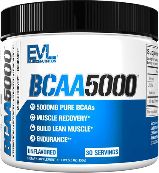 Evlution EVL BCAAs Amino Acids Powder - BCAA Powder Post Workout Recovery Drink and Stim Free Pre Workout Energy - 5g Branched Chain Amino Acids Supplement for Men - Unflavored