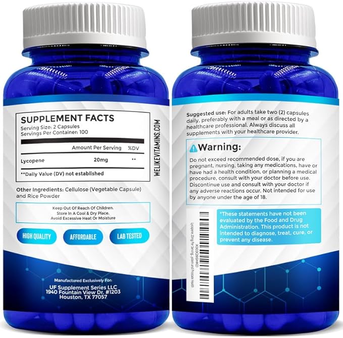 We Like Vitamins Lycopene Supplements for Men & Women - Lycopene 20mg Per Serving - 200 Capsules - Super Antioxidant which Helps Support Immune System and Prostate Health