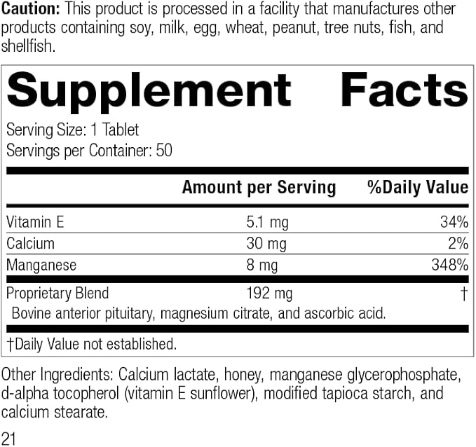 Standard Process Inc. E-Manganese - Pituitary Supplements - Pituitary Gland Supplements with Calcium Lactate, Ascorbic Acid, Calcium, Magnesium Citrate, Vitamin E, and Honey - 50 Tablets