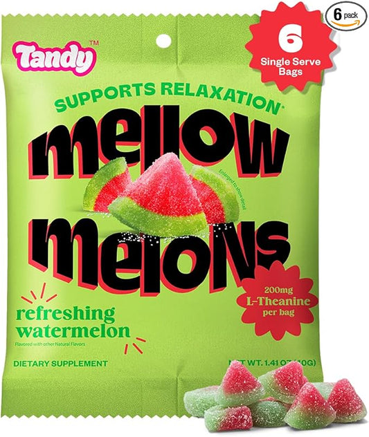 Tandy Mellow Melons L-Theanine Gummies I Relaxation Gummies with Refreshing Watermelon Flavor I Calming Gummies for Adults I Gluten-Free Fast-Acting Dietary Supplement Gummy I 6-Pack