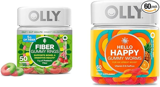 OLLY Fiber Gummy Rings, 5g Prebiotic Fiber, FOS (Fructo-oligosaccharides), Digestive Support & Hello Happy Gummy Worms, Mood Balance Support, Vitamin D, Saffron, Adult Chewable Supplement