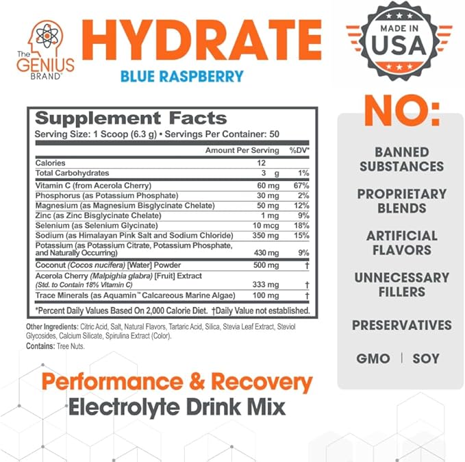The Genius Brand - Genius Hydrate Powder Drink Mix Blue Raspberry 50 Serving - Electrolyte Hydration Booster Supplement with Coconut Water Potassium Magnesium Zinc Sugar Free No Artificial Sweeteners