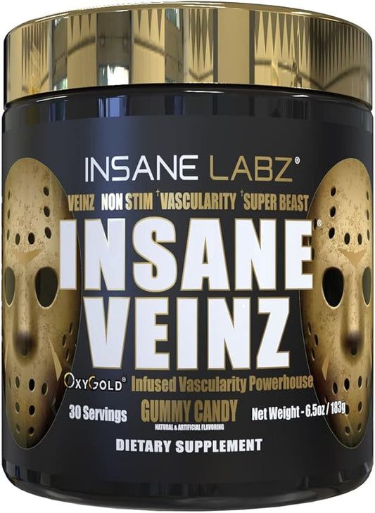 Insane Labz Insane Veinz Gold, Nitric Oxide Non Stimulant pre Workout Powder, Loaded with Hydromax, Nitrosigine, Increases Vascularity and Blood Flow, 30 Srvgs, Gummy Candy