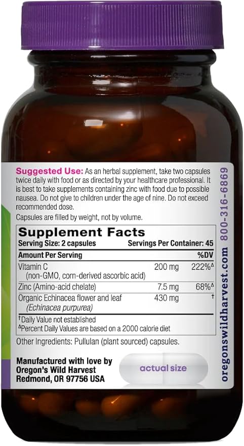 Oregon's Wild Harvest Echinacea with Zinc and Vitamin C Capsules, 90 Count