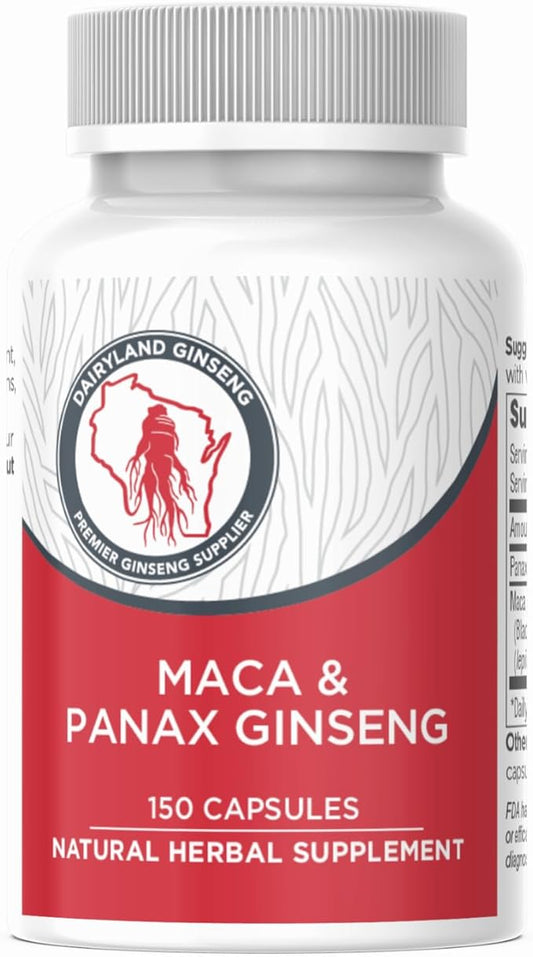 Maca Root Capsules + Korean Panax Ginseng - Concentrated Extract Black + Red + Yellow Maca Root, Panax Ginseng Capsules 150 ct