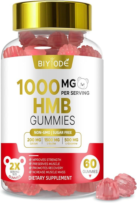 HMB Gummies for Men Women: 1000mg Muscle Bone Support with Calcium HMB 1500mg L-Leucine 500mg L-Glutamine Sugar Free Non-GMO 60 Gummies