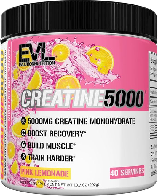 Evlution Nutrition Creatine 5000 - Supports Faster Recovery, Lean Muscle Growth & Performance - Pre & Post Workout Powder - 5000mg Pure Creatine Monohydrate Per Serving - 40 Servings - Pink Lemonade