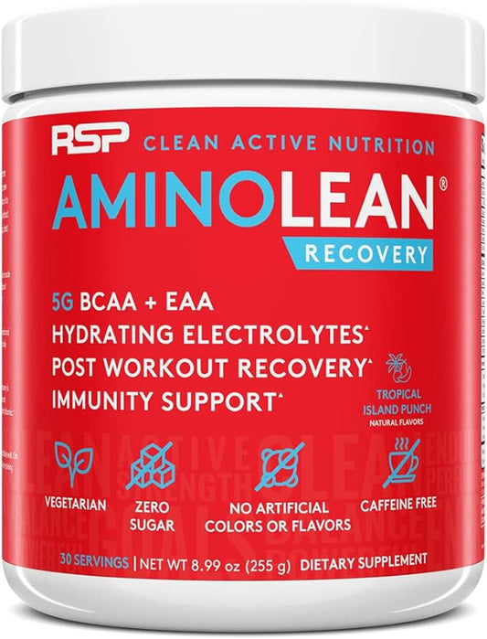 RSP AminoLean Recovery - Post Workout BCAAs Amino Acids Supplement + Electrolytes, BCAAs and EAAs for Hydration Boost, Immunity Support - Muscle Recovery Drink, Vegan Aminos, Tropical Punch