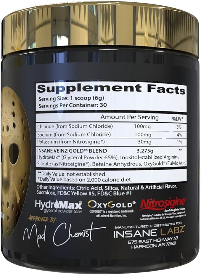 Insane Labz Insane Veinz Gold, Nitric Oxide Non Stimulant pre Workout Powder, Loaded with Hydromax, Nitrosigine, Increases Vascularity and Blood Flow, 30 Srvgs, Apple