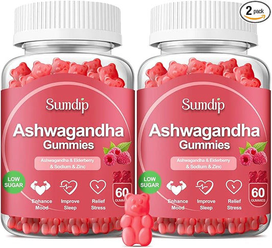 Ashwagandha Gummies for Women and Men, Ashwagandha Root Extract, Elderberry, Zinc, Vitamin C D Low Sugar- 2 Pcs