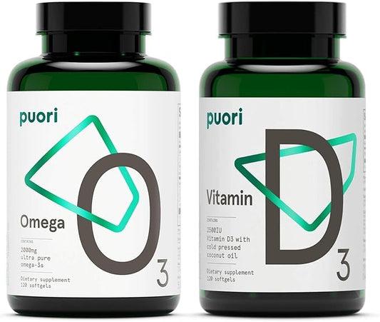 Puori Omega 3 Fish Oil and Vitamin D3 Supplement Bundle - for Muscle Function, Bone Health, Immune Support and Calcium Uptake - Burpless, IFOS Certified, Non-GMO Capsules