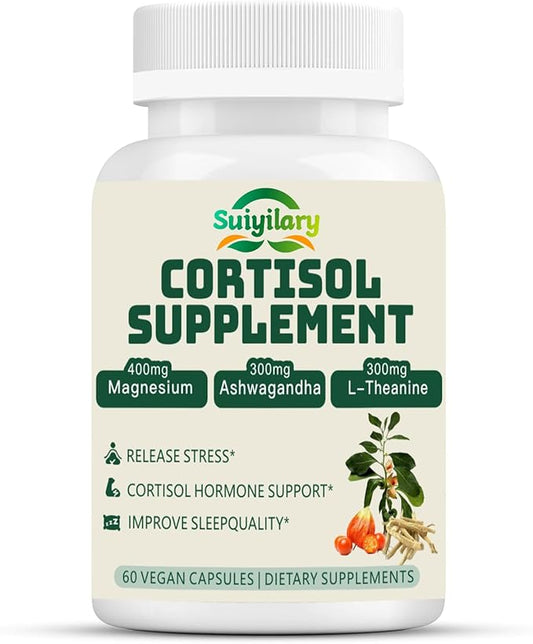 Cortisol Supplement for Women Men, Hormone Balance, Magnesium, Ashwagandha, Rhodiola, L-Theanine, Vitamin B6 & B12, Mood, Focus, Sleep Support, Vegan 60 Capsules