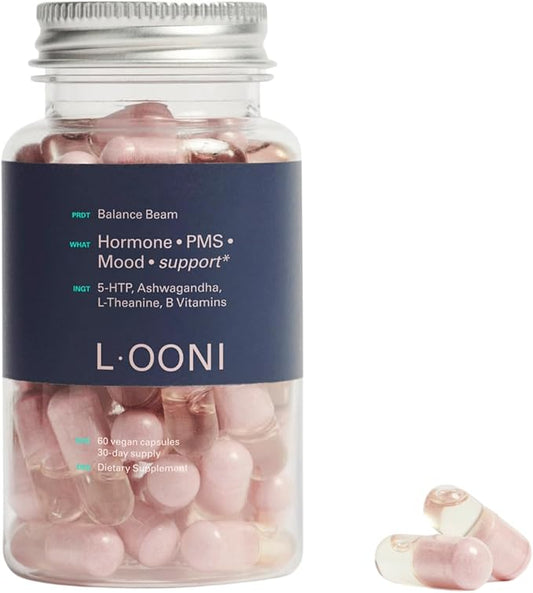LOONI Balance Beam Supplement | PMS Relief with Ashwagandha, Vitamin B12, Omega-6, Zinc, Nootropics and Minerals | Helps Support Stress, Hormone Balance and Cravings | 60 Vegan Capsules