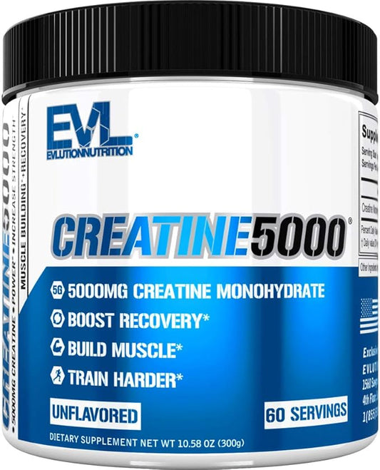 Evlution Nutrition Creatine 5000 - Supports Faster Recovery, Lean Muscle Growth & Performance - Pre & Post Workout Powder - 5000mg Pure Creatine Monohydrate Per Serving - 60 Servings - Unflavored