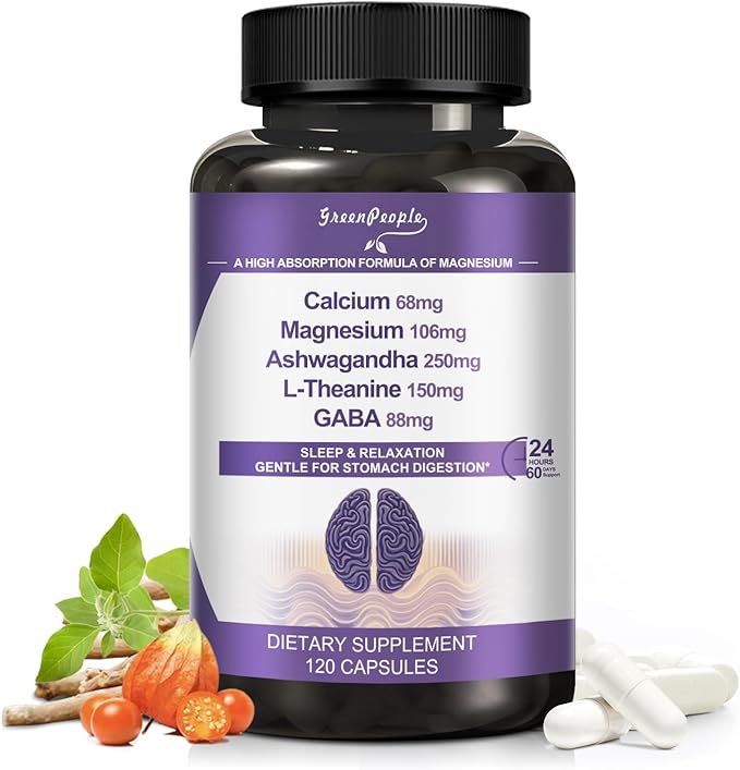 Magnesium Glycinate & Ashwagandha Supplement Capsules - Sugar Free Magnesium Capsules with L-Theanine 150mg/GABA 88mg/Calcium 68mg 120 CT