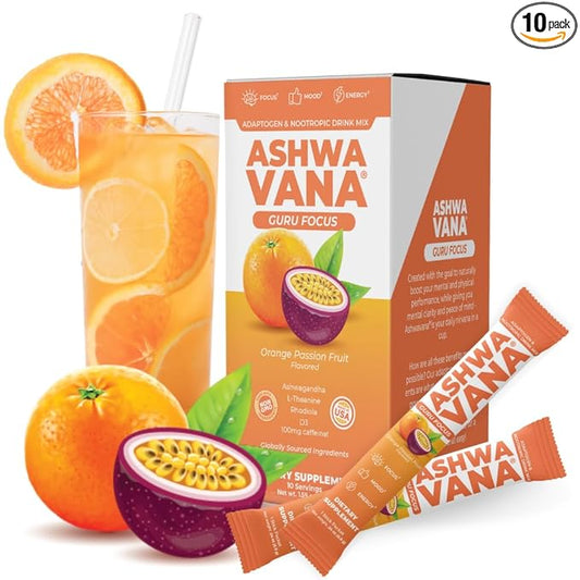 Ashwavana Ashwagandha & Vitamin D Drink Mix With L-Theanine, K2, Rhodiola, 100MG Time-Release Caffeine - Orange Passion Fruit Flavor. America's #1 Ashwa Drink