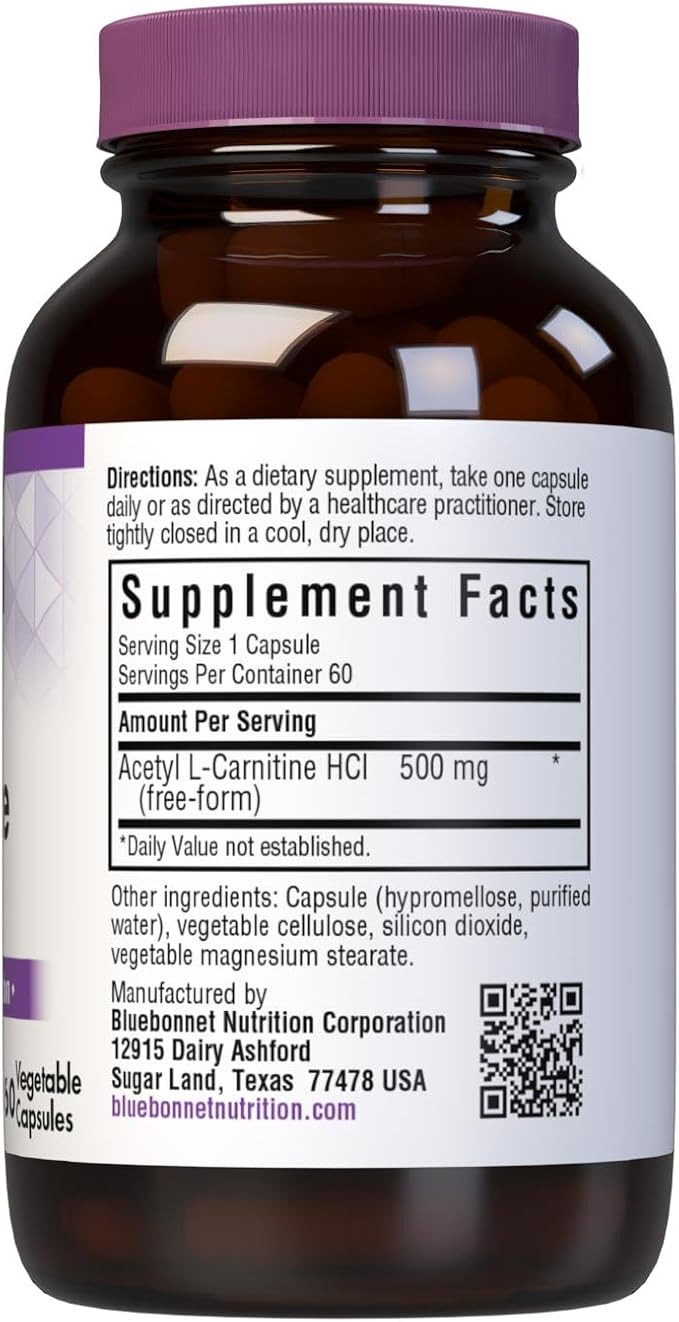 BlueBonnet Acetyl L-Carnitine 500 mg Vitamin Capsules, 60 Count
