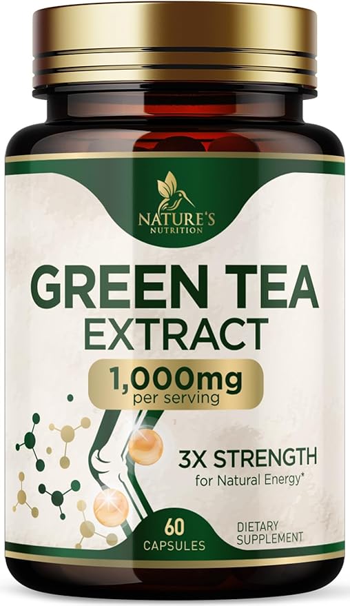 Green Tea Extract Supplement Pills 1000mg - 98% Standardized EGCG with Polyphenols - 3X Strength for Natural Energy - Supports Heart and Antioxidant Health - Nature's Gentle Caffeine - 60 Capsules