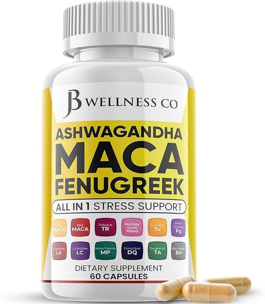 Ashwagandha Maca Root, Fenugreek Supplement with Tongkat Ali Ginseng - Assists with Mood & Thyroid Health - 60 Count