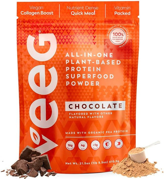 Veeg All in One Protein Smoothie Powder – Chocolate Protein Powder, Vegan Collagen, Greens Superfood Powder, MCT Oil Organic, Multivitamin, Sugar Free, Meal Replacement, Digestive Enzymes,15 Servings