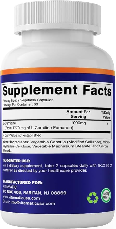 Vitamatic L-Carnitine Fumarate 1000 mg - 120 Vegetable Capsules (1 Bottle)