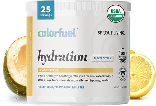 Sprout Living, Colorfuel Hydration Powder Drink Mix, Organic Superfoods + Adaptogens | Hydration Support & Recovery, Electrolytes, Himalayan Pink Salt, Coconut Water, Lemon Citrus Flavor (25 servings)