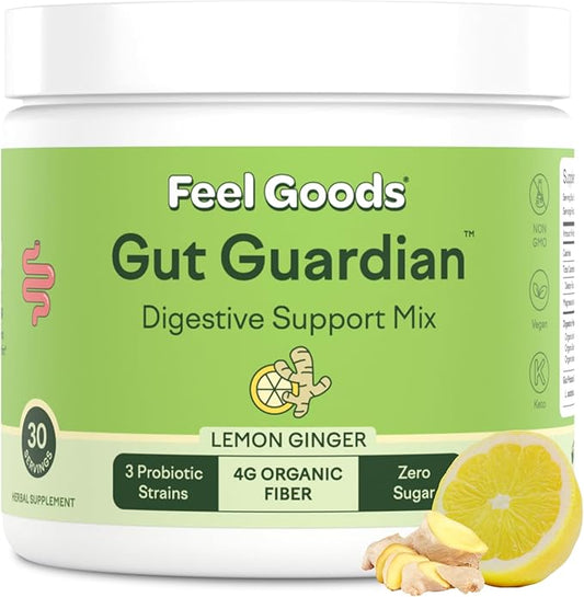 Feel Goods Gut Guardian, Organic Fiber, Probiotic & Prebiotic Powder, Sugar Free, Herbs for Bloat, Gut Health Support, Digestive Health for Men & Women, Non GMO, Vegan, Lemon Ginger, 30 Servings