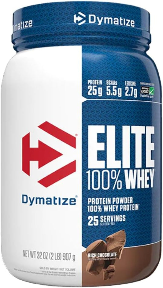 Dymatize Elite 100% Whey Protein Powder, Chocolate, 25g of Protein, 25 Servings, 5.5g BCAAs, Less Than 140 Cal., Gluten Free, 3g Carb, 2g Sugar, 3g Fat