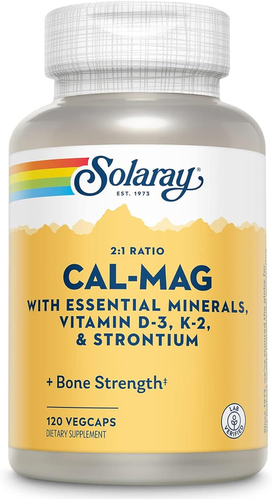Solaray Cal-Mag with Essential Minerals | Calcium, Magnesium, Strontium, Vitamins D-3 & K-2 | 30 Serv | 120 VegCaps