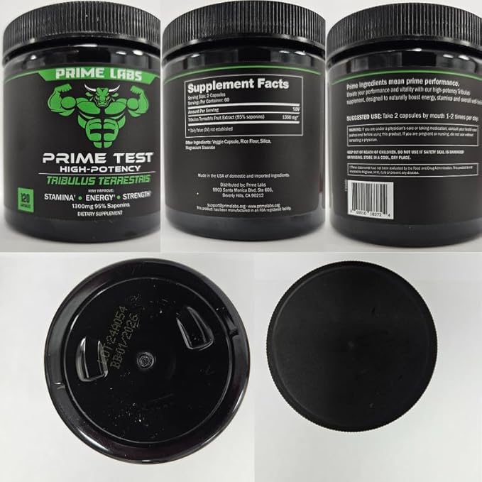 Prime Labs Tribulus Terrestris for Men 1300mg - Enhanced with 95% Saponins - Energy, Vitality, Strength - 120 Count