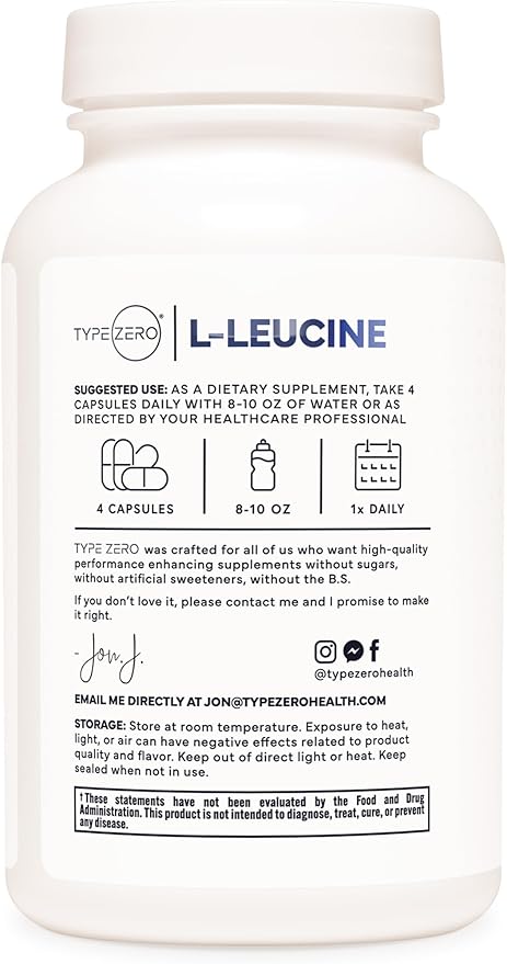 Type Zero L-Leucine Capsules (2000mg per Serving) 120 Capsules - 30 Servings